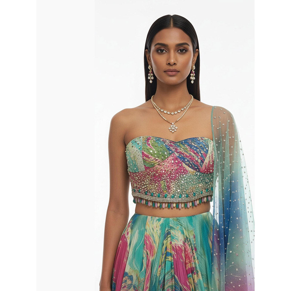 Basanti Kapde aur Koffee Aqua Crepe Lehenga And Corset With Dupatta