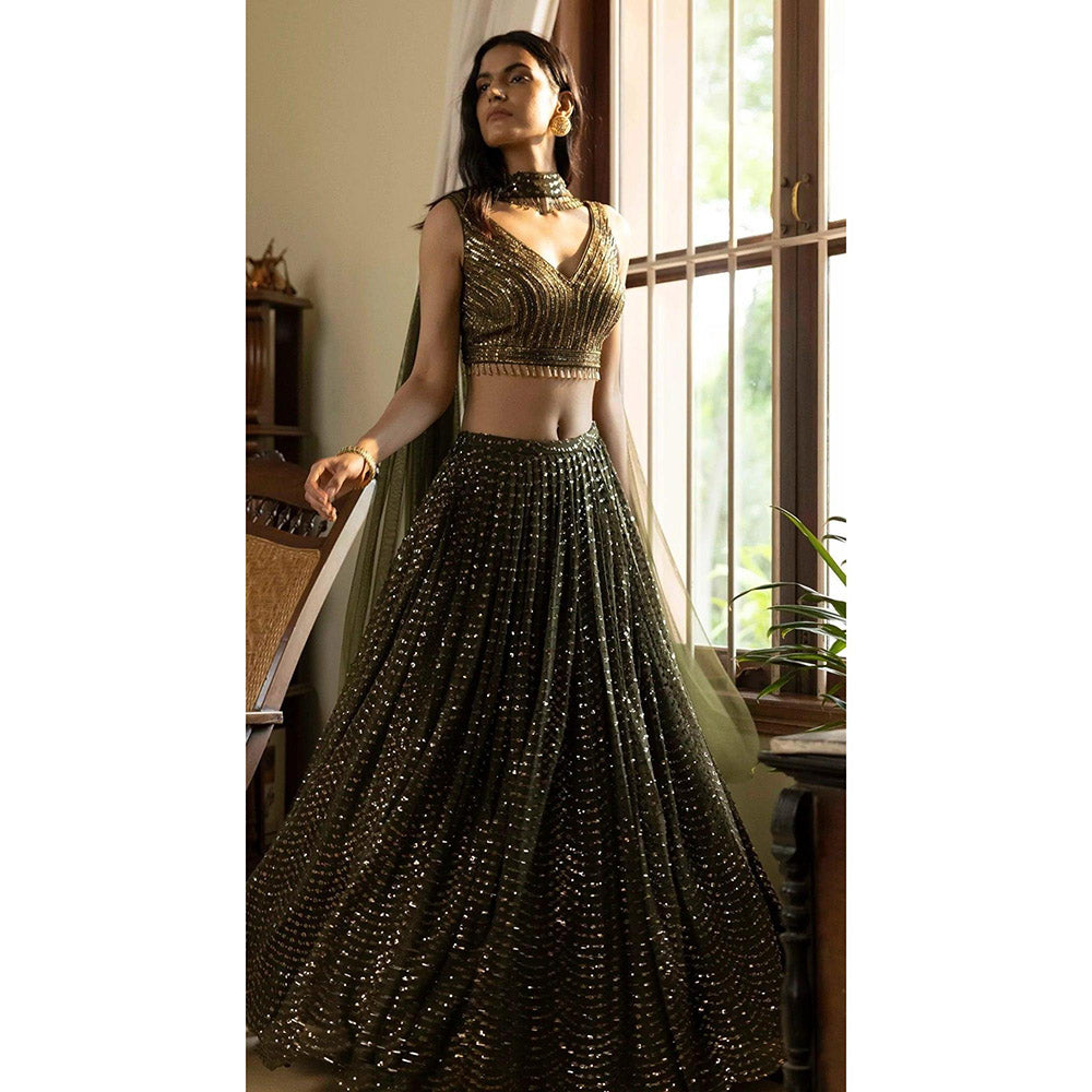 Basanti Kapde aur Koffee Moss Green Sequinned Lehenga And Stitched Blouse With Dupatta