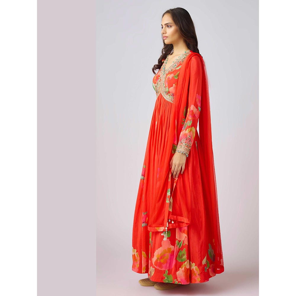 Basanti Kapde aur Koffee Red Georgette Embroidered Anarkali and Dupatta