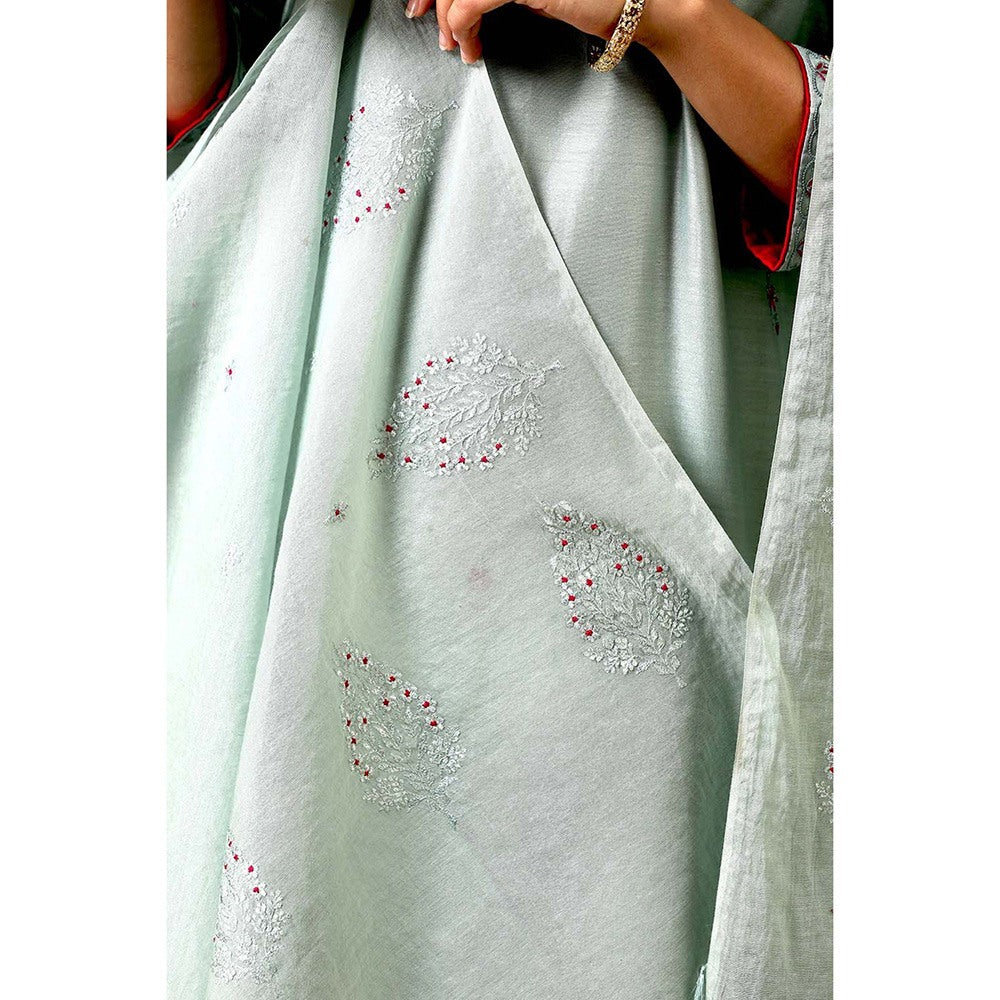 Bbaawri Sage Green Pink Hand Embroidered Chanderi Silk Kurta with Pant & Dupatta (Set of 3)