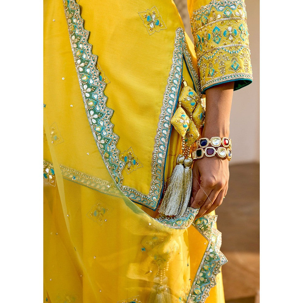 Bbaawri Yellow Silk Zardosi Resham Naksshi Embroidered Top with Sharara & Dupatta (Set of 3)