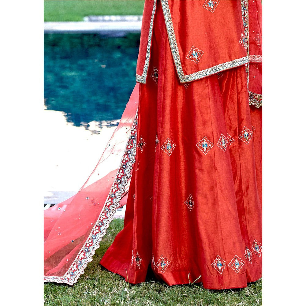 Bbaawri Red Blue Silk Zardosi Resham Naksshi Embroidered Top with Sharara & Dupatta (Set of 3)
