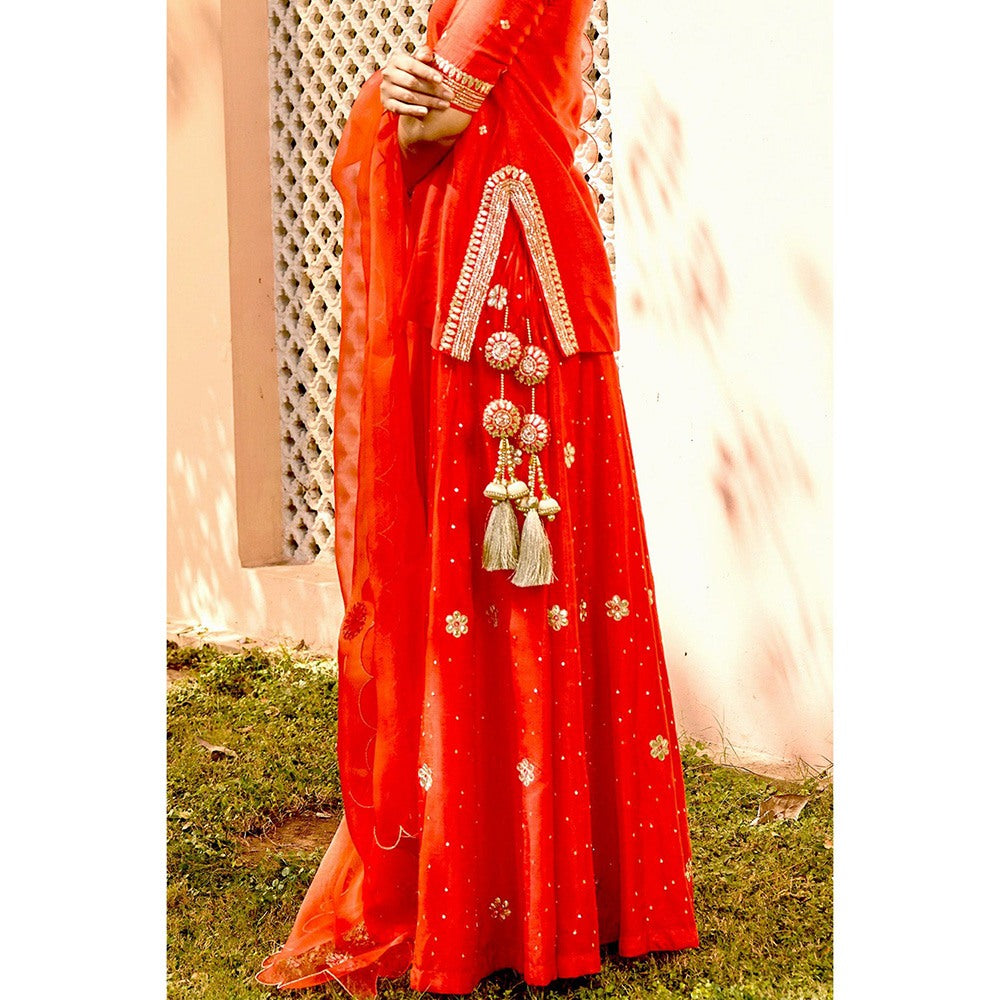 Bbaawri Red Embroidered Gota Patti & Nakkshi Top with Sharara & Dupatta (Set of 3)