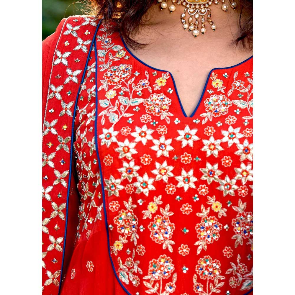 Bbaawri Red Georgette Kali Gota Patti Hand Embroidery Kurta with Pant & Dupatta (Set of 3)