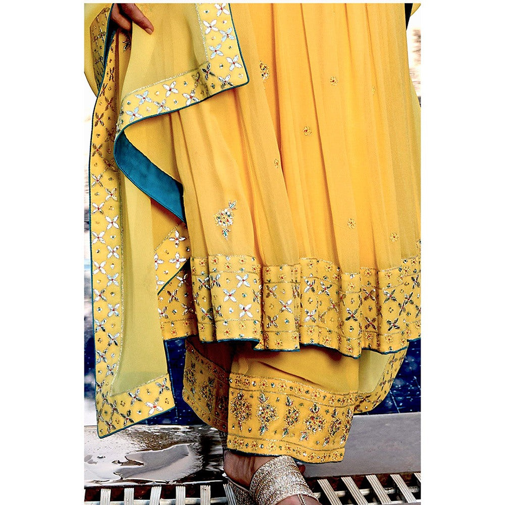 Bbaawri Yellow Georgette Kali Gota Patti Hand Embroidery Kurta with Pant & Dupatta (Set of 3)