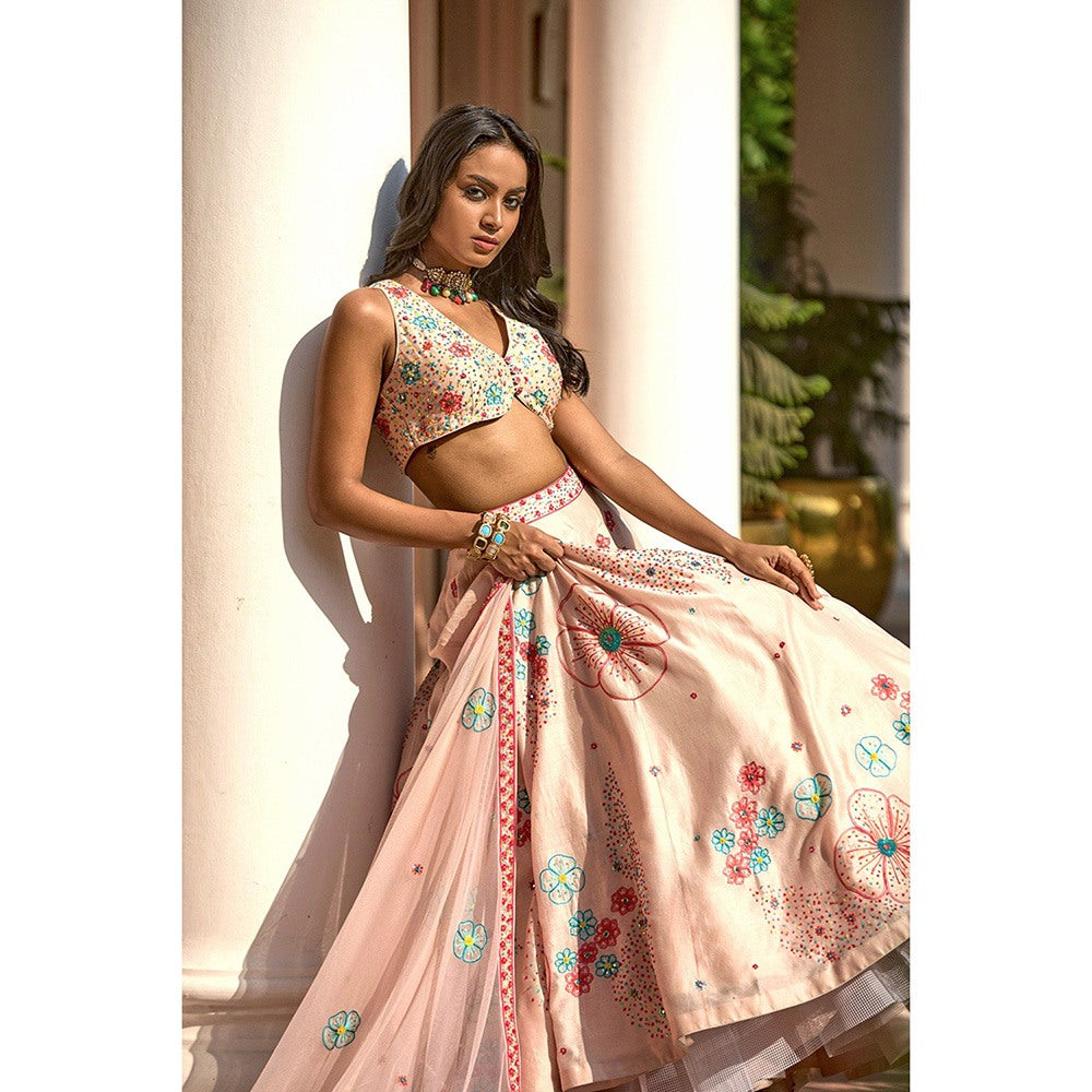 Bbaawri Peach Sequins & Resham Hand Embroidered Silk Lehenga with Blouse & Dupatta (Set of 3)