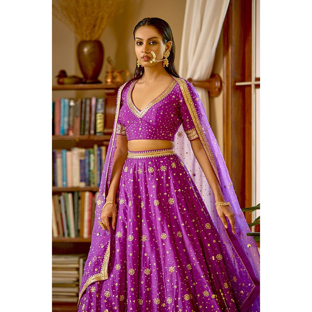 Bbaawri Purple Silk Nakshi & Zardosi Hand Embroidered Lehenga with Blouse & Dupatta (Set of 3)