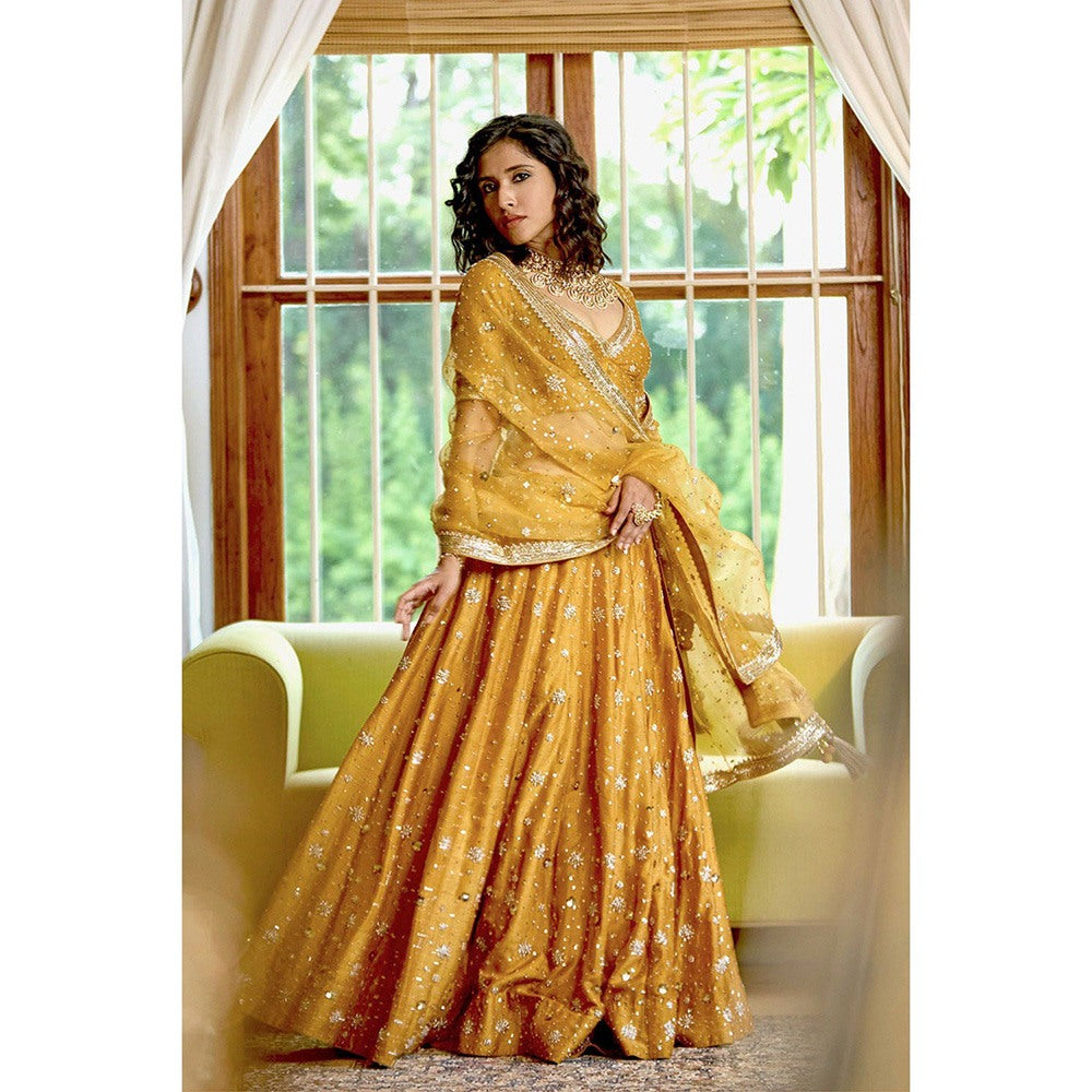 Bbaawri Golden Silk Nakshi & Zardosi Hand Embroidered Lehenga with Blouse & Dupatta (Set of 3)