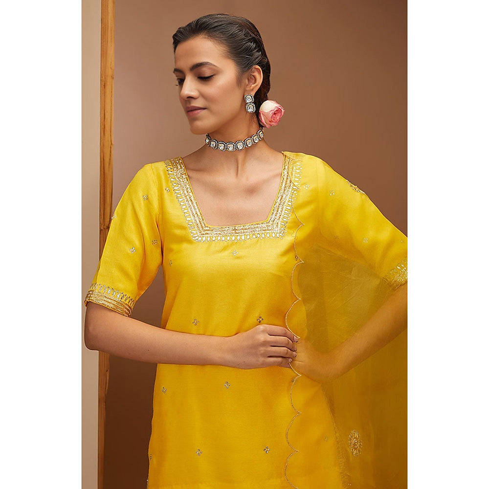 Bbaawri Yellow Color Dupion Silk Hand Embroidered Top with Sharara & Dupatta (Set of 3)