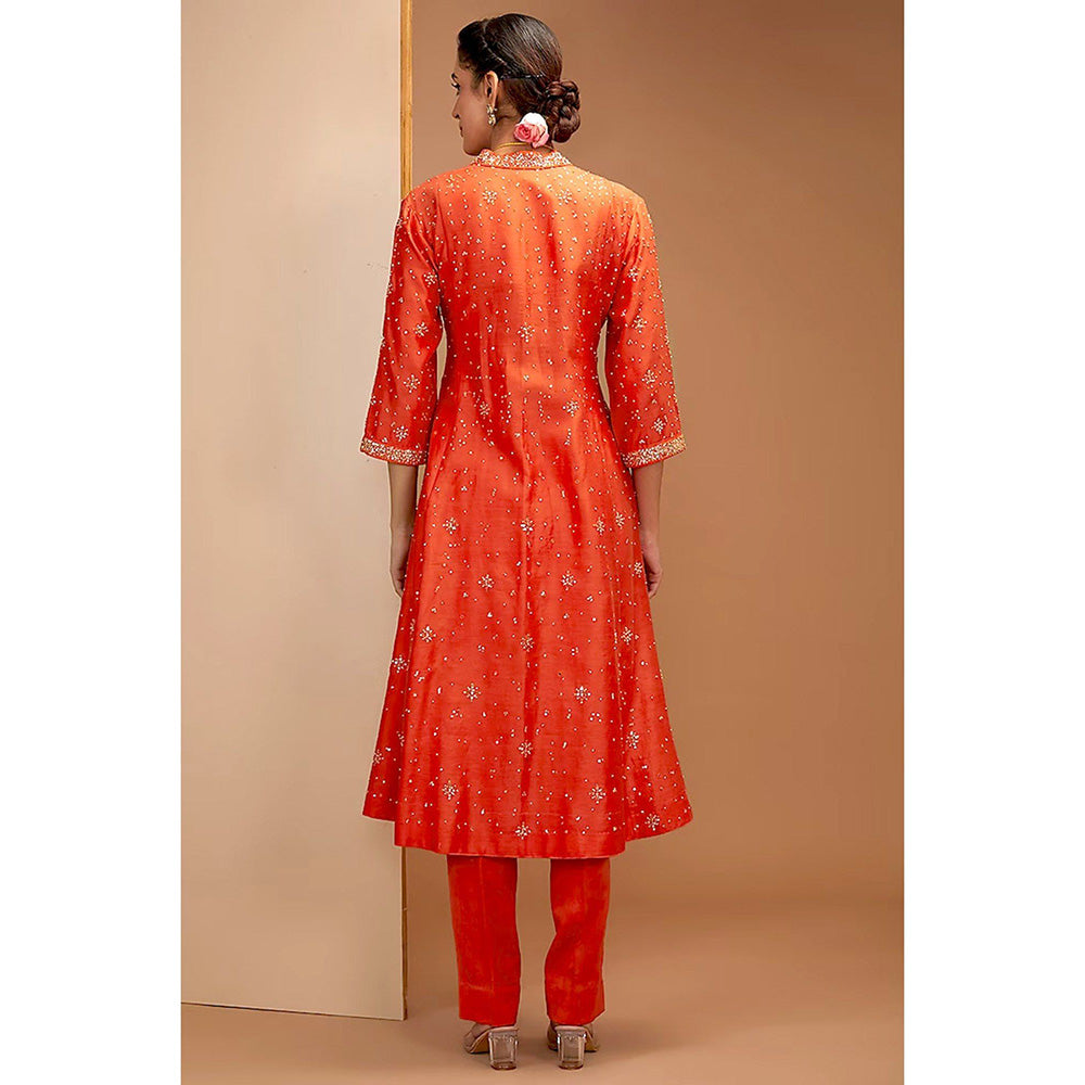 Bbaawri Tangy Red Embroidered Kali Kurta with Pant & Dupatta (Set of 3)