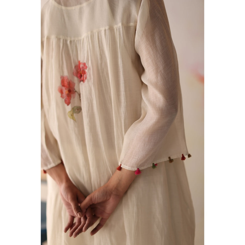 Begum Pret White Pista Kurta with Pant and slip (Set of 3)