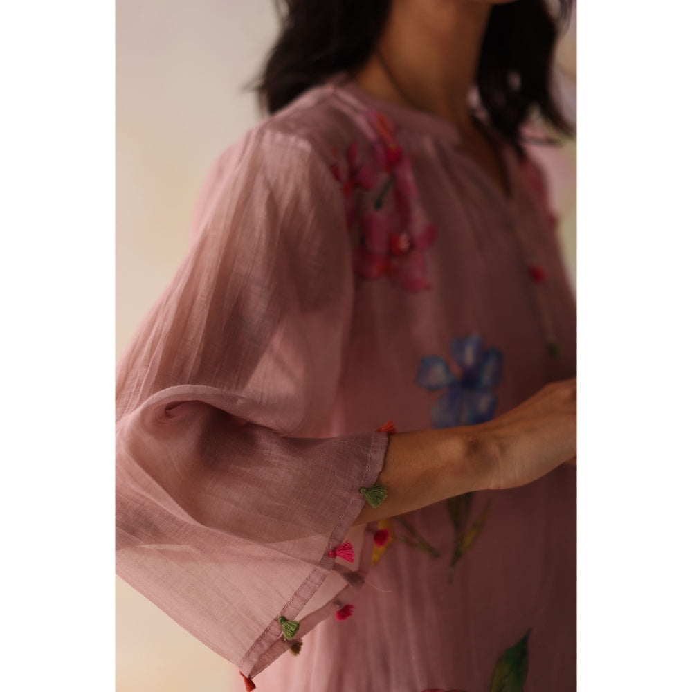 Begum Pret Pink Kesar Kurta with Pant and slip (Set of 3)