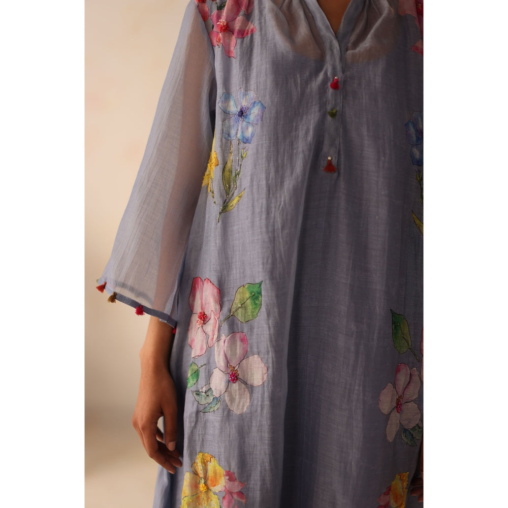 Begum Pret Blue Kesar Kurta with Pant and slip (Set of 3)