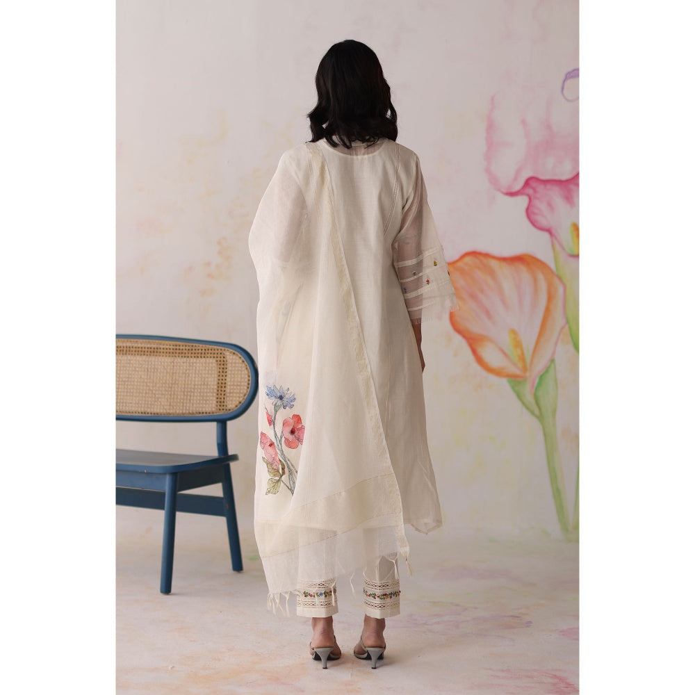 Begum Pret White Mogra Kurta with Pant with slip and Dupatta (Set of 4)