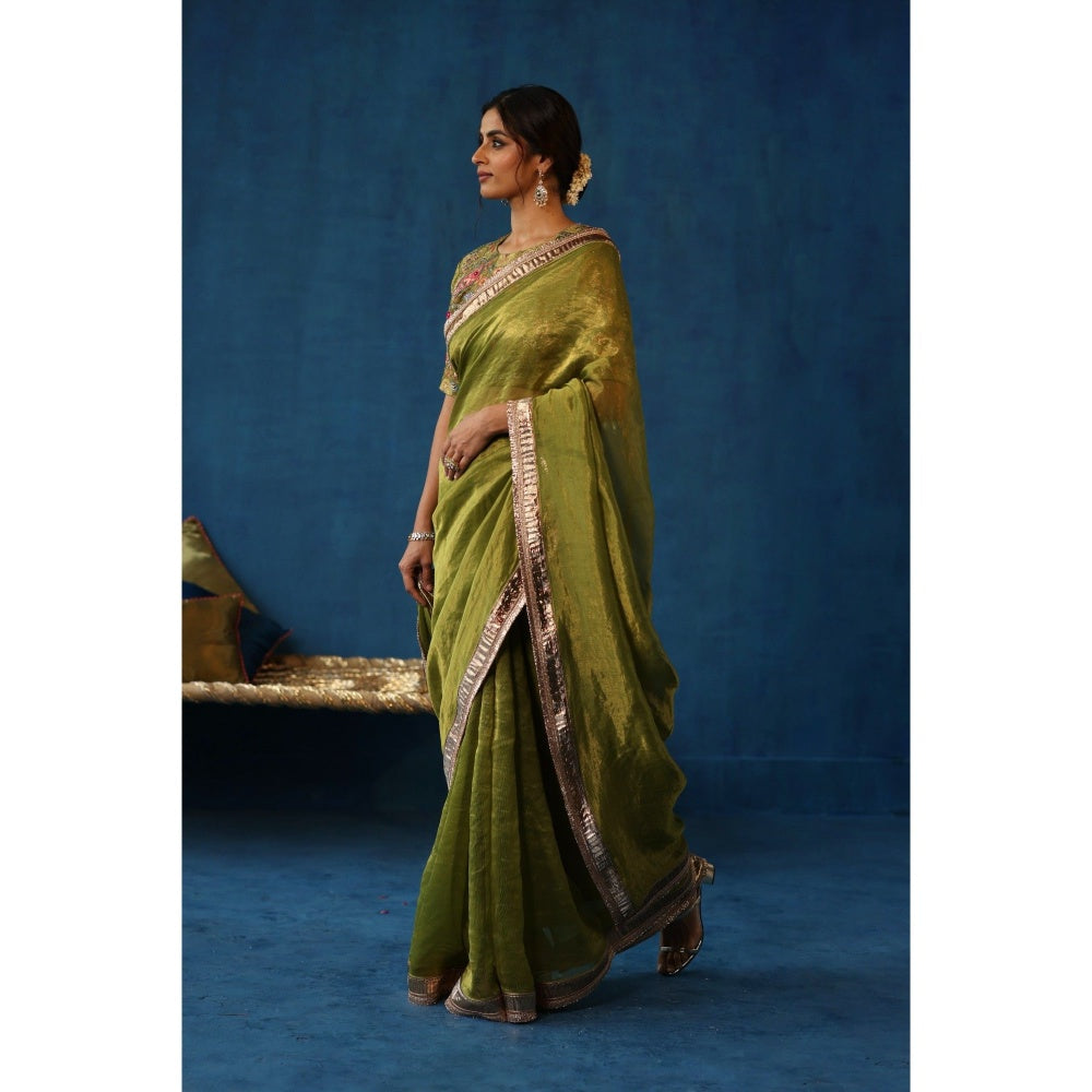 Begum Pret Green Sharbat Embellished & Zari Work Saree with Blouse with Stitched