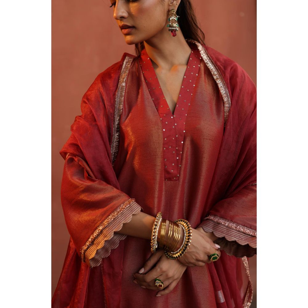 Begum Pret Rust Tara Kurta with Pant and Dupatta (Set of 3)