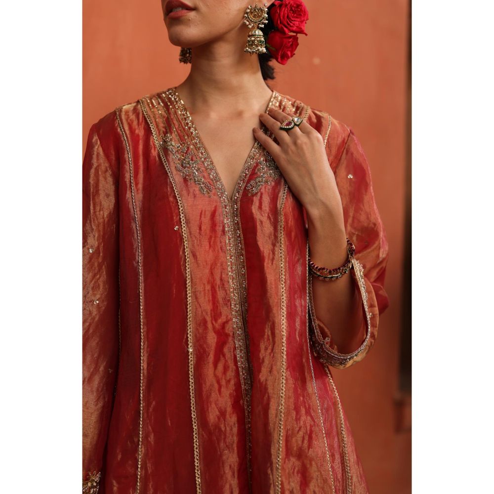 Begum Pret Rust Raya Kurta with Pant and Dupatta (Set of 3)
