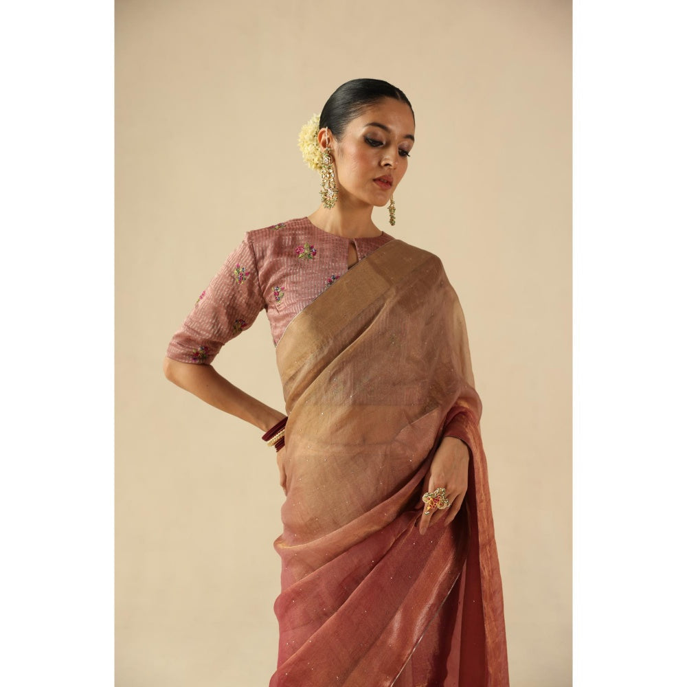 Begum Pret Peach Taj Gul Saree with Stitched Blouse
