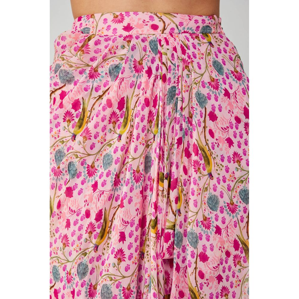 Betrue Pink Parrot Print Georgette Drape Skirt