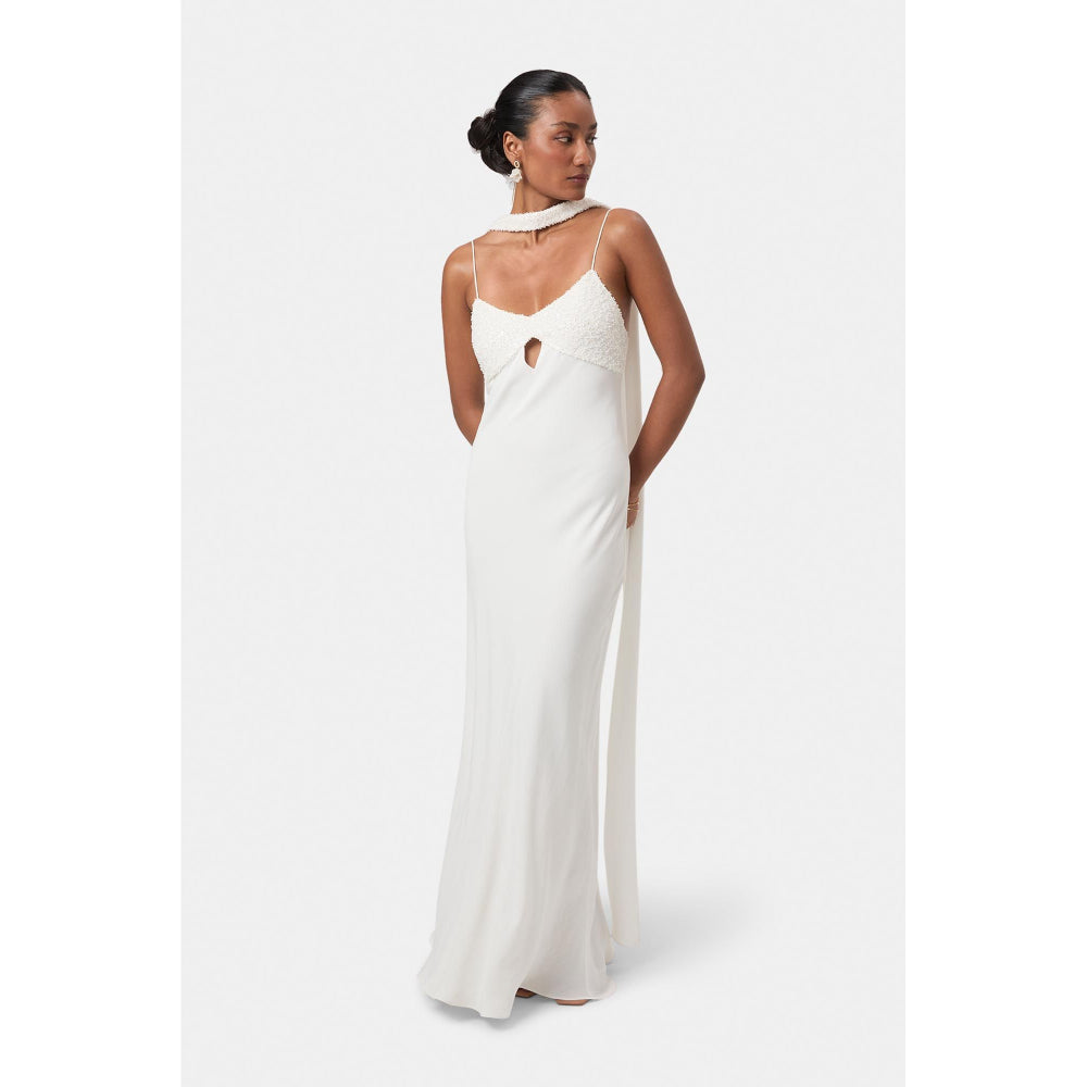 BEYOND Womens Viscose Sequined White Dress With Scarf