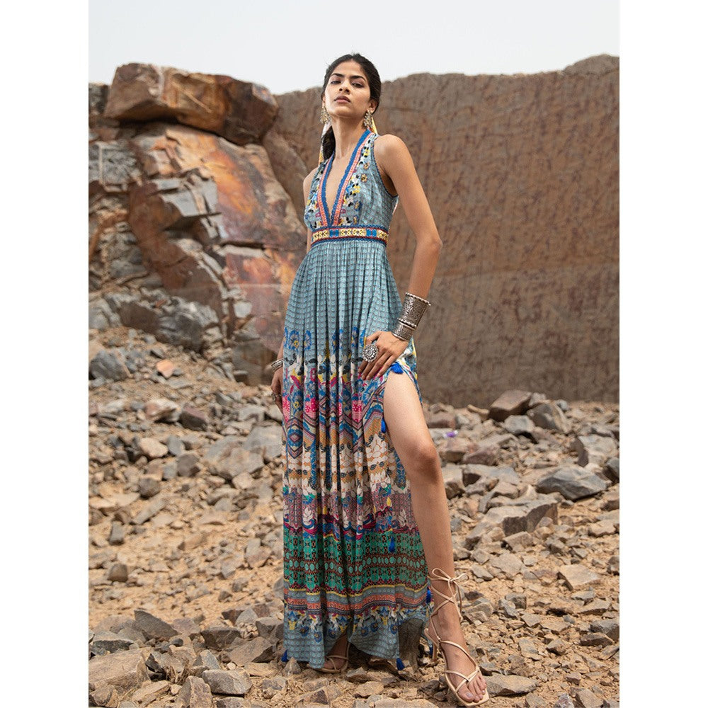 Bhanuni by Jyoti Women Printed Carolina Blue Maxi Dress – Nykaa