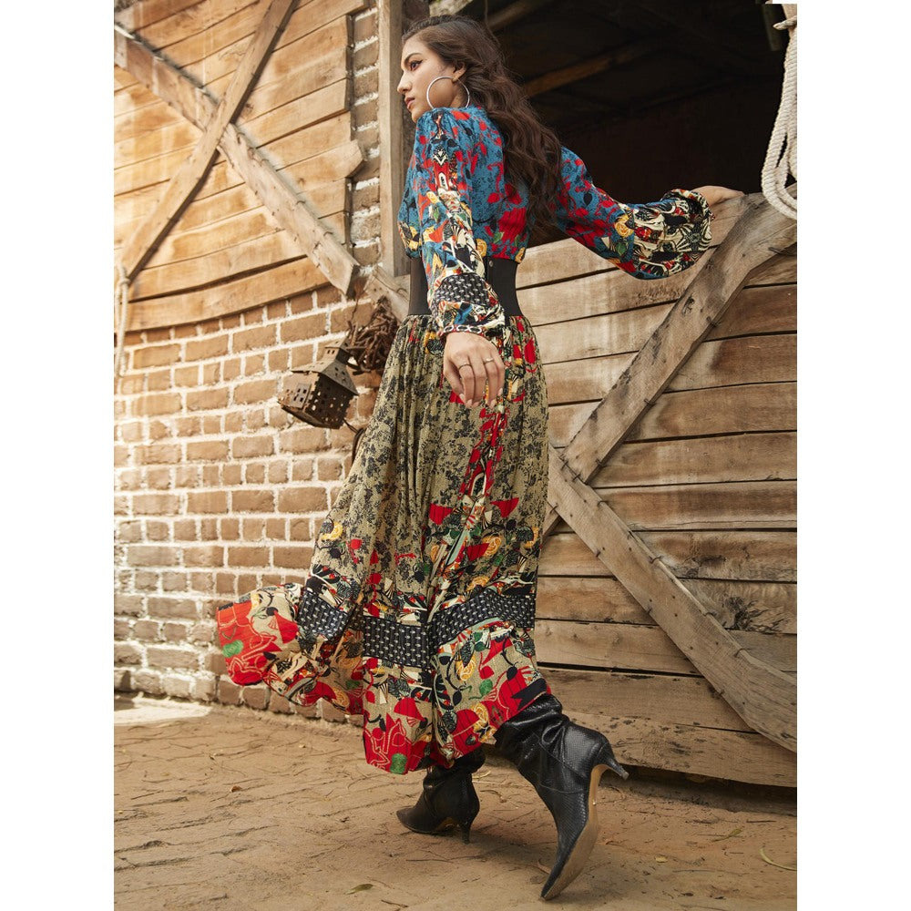 Bhanuni by Jyoti Multi-Colour Hazel Wood Maxi Dress with Belt (Set of 2)