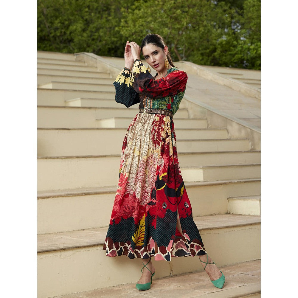 Bhanuni by Jyoti Rose Red Maxi Dress with Belt (Set of 2)