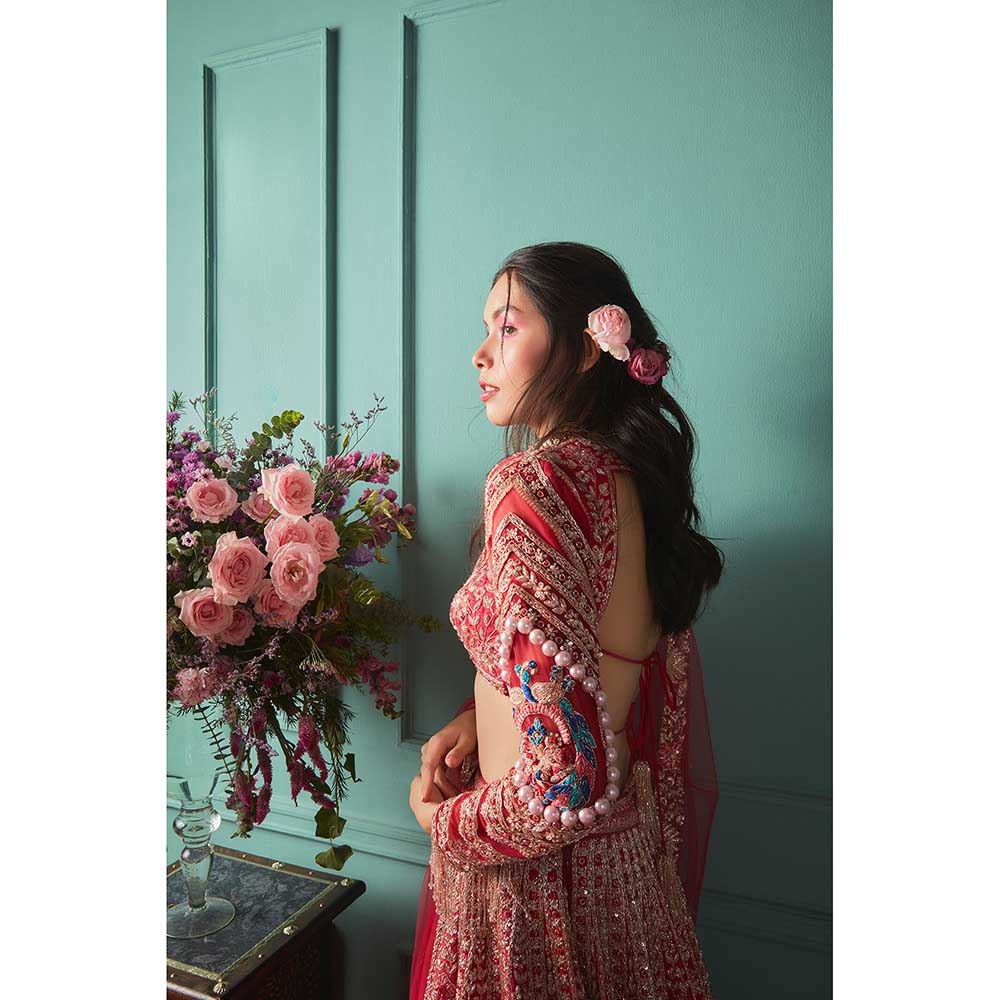 Jigar and Nikita Red Blouse and Lehenga with Dupatta (Set of 3)