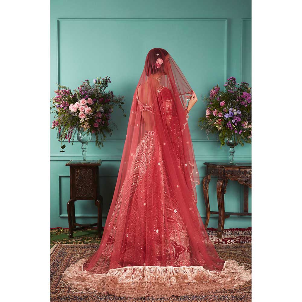 Jigar and Nikita Red Blouse and Lehenga with Dupatta (Set of 3)
