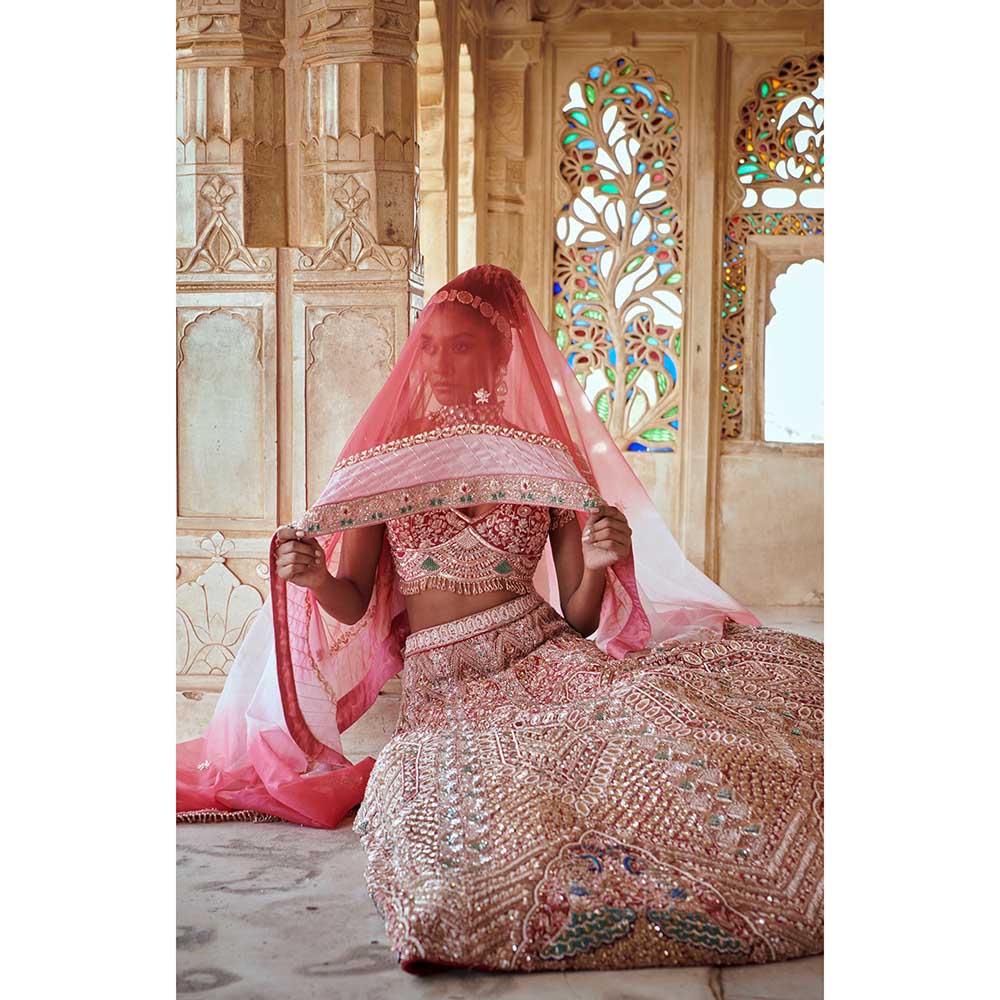 Jigar and Nikita Onion Pink Bridal Blouse and Lehenga with Dupatta (Set of 3)