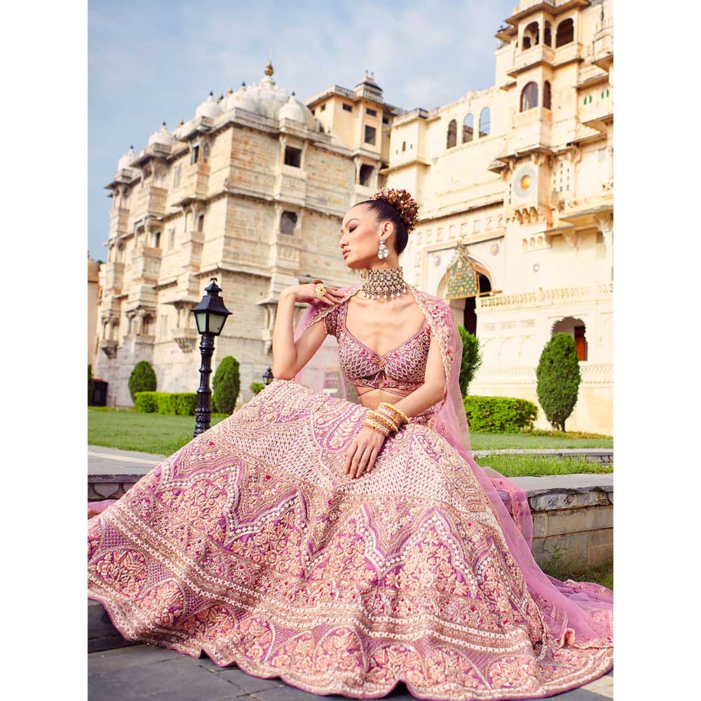 Jigar and Nikita Pastel Lavender Bridal Blouse and Lehenga with Dupatta (Set of 3)