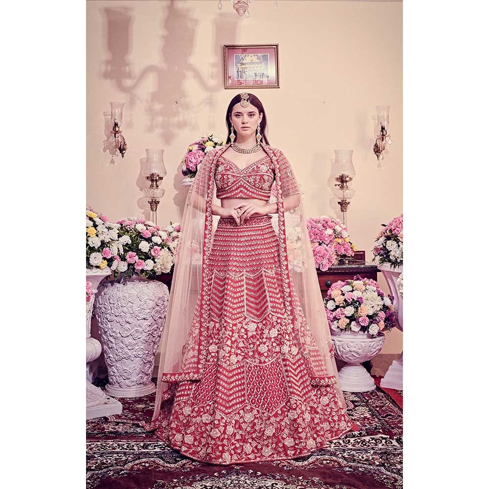 Jigar and Nikita Cranberry Red Blouse and Lehenga with Dupatta (Set of 3)