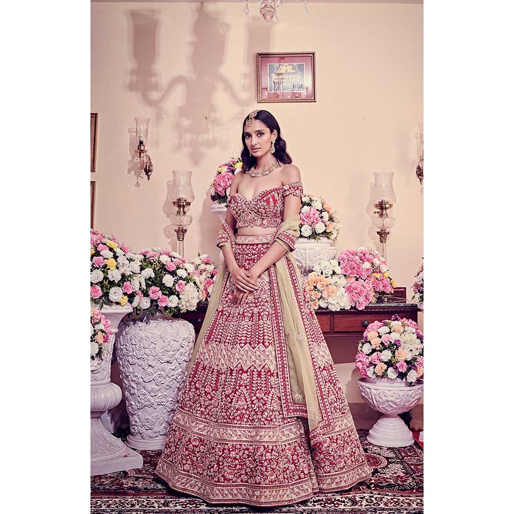 Jigar and Nikita Garnet Red Blouse and Lehenga with Dupatta (Set of 3)