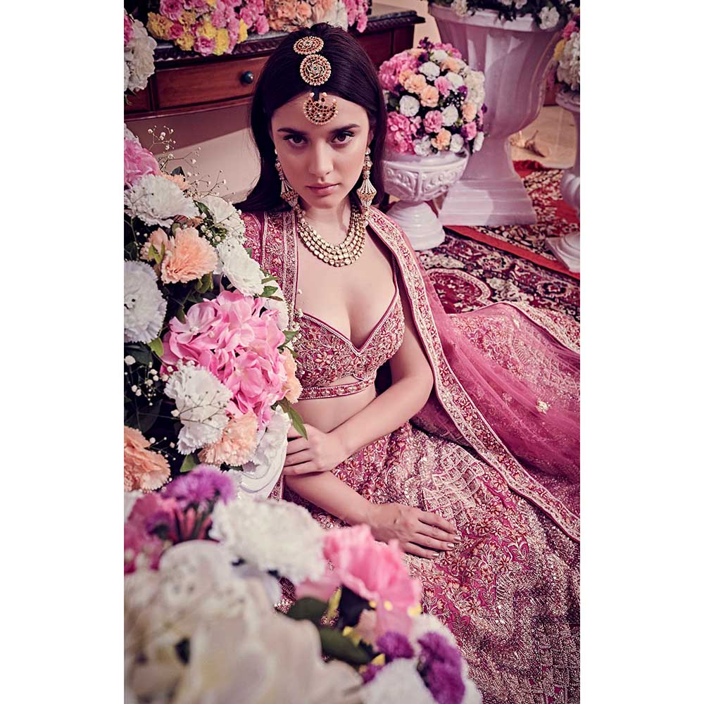 Jigar and Nikita Mulberry Pink Blouse and Lehenga with Dupatta (Set of 3)