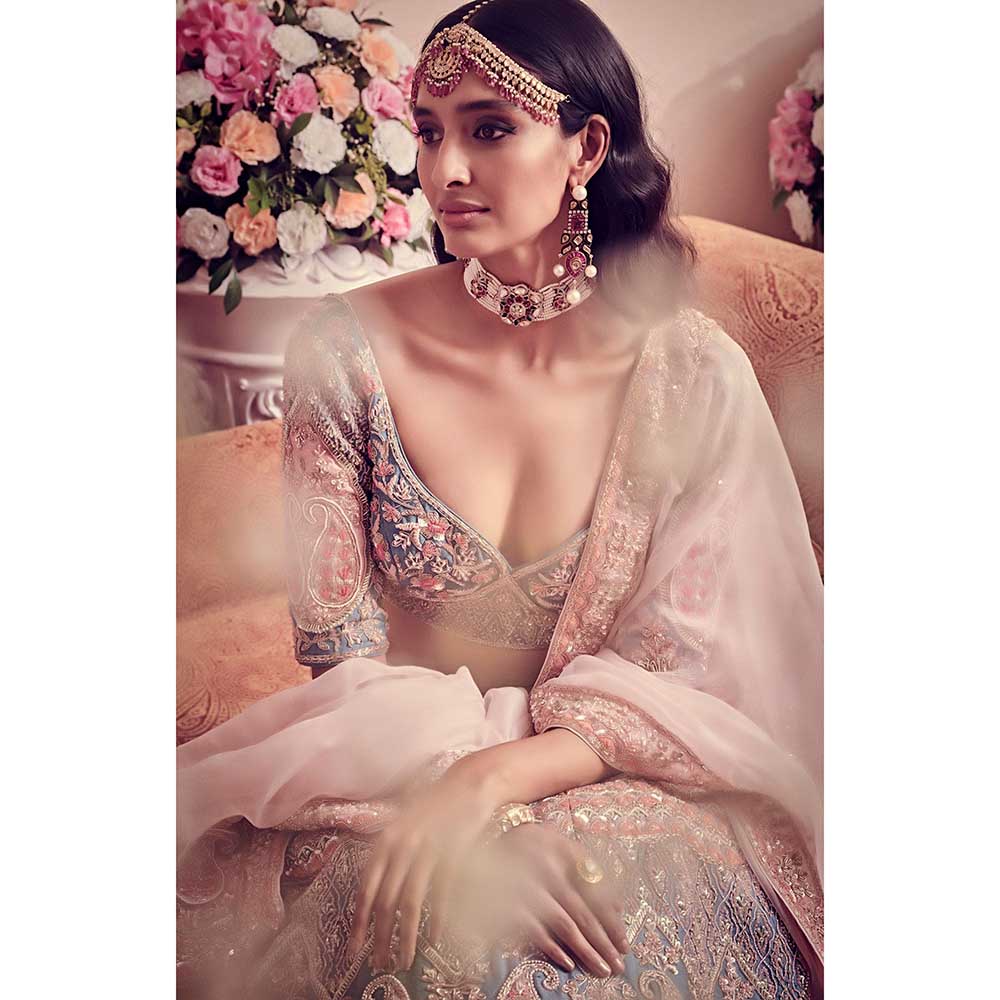 Jigar and Nikita Avant Garde Blue Hued Blouse and Lehenga with Dupatta (Set of 3)