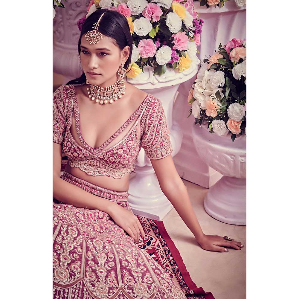 Jigar and Nikita Dull Magenta Blouse and Lehenga with Dupatta (Set of 3)