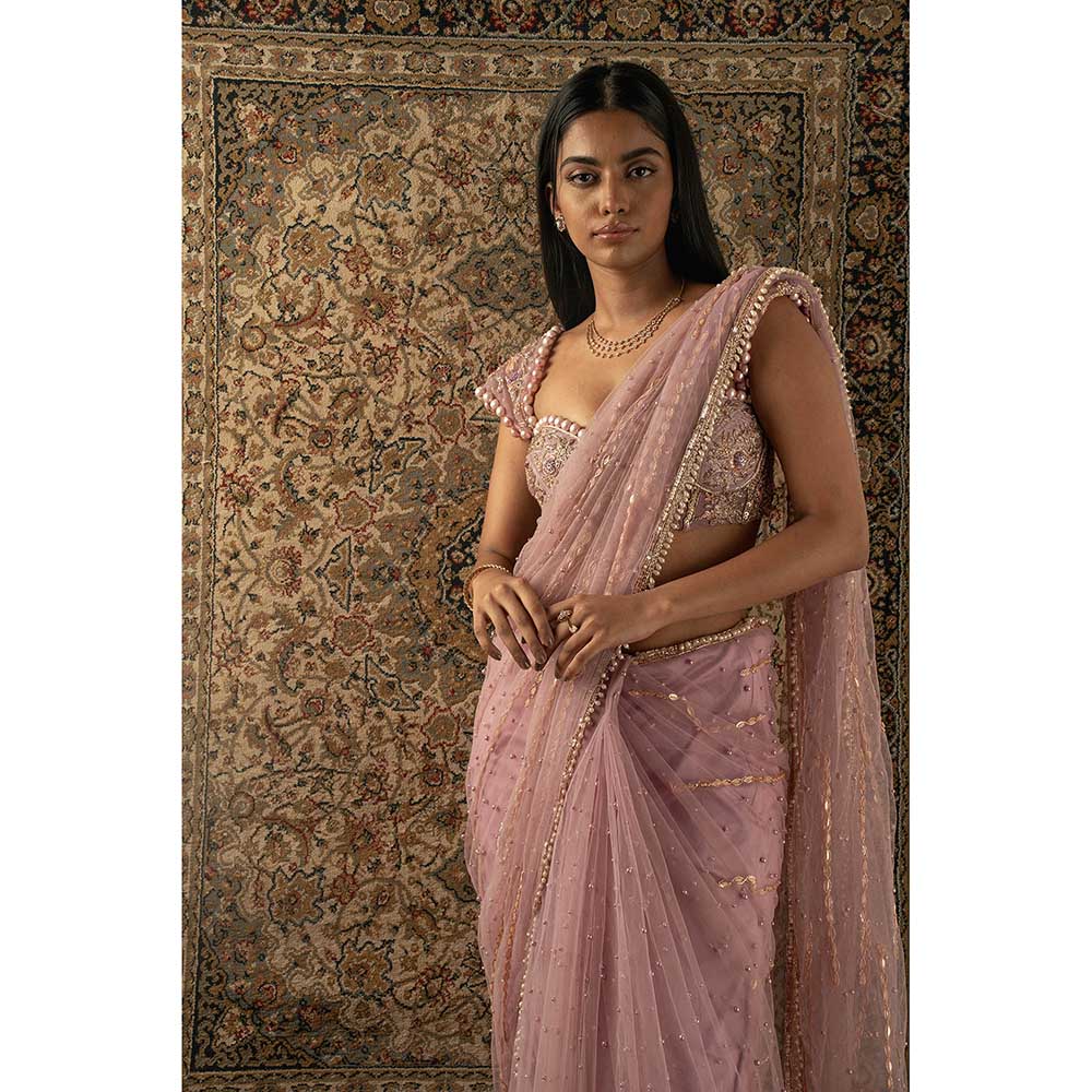 Jigar and Nikita Pink Saree With Stitched Blouse And Petticoat