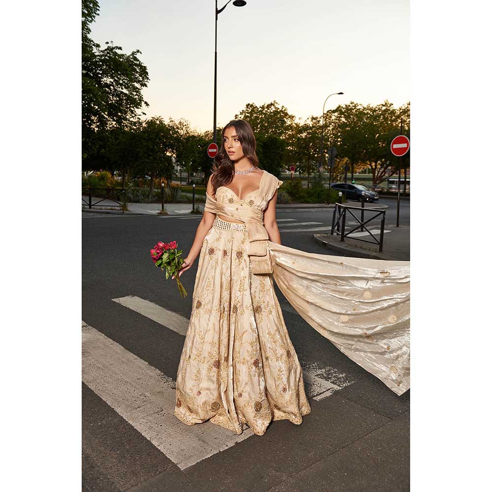 Jigar and Nikita Beige Dupatta with Lehenga and Blouse (Set of 3)