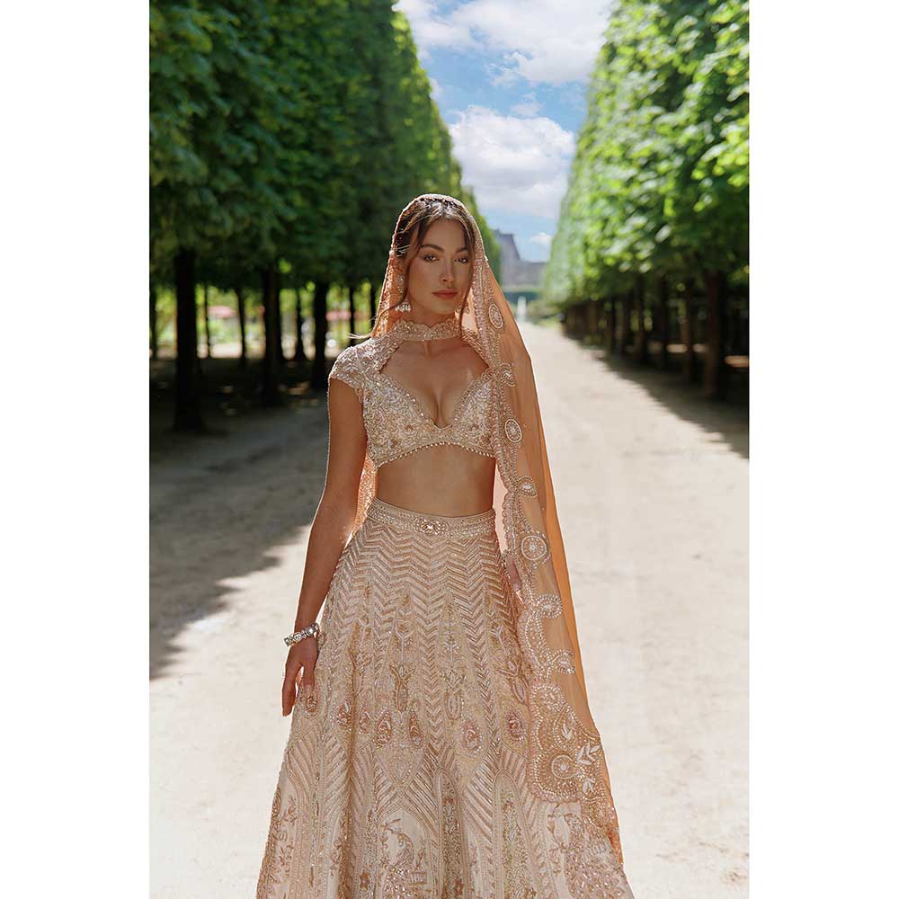 Jigar and Nikita Beige Lehenga with Blouse and Dupatta (Set of 3)