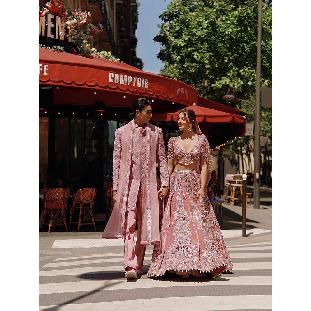 Jigar and Nikita Men'S Pink Embellished Sherwani with Trouser and Dupatta (Set of 3)