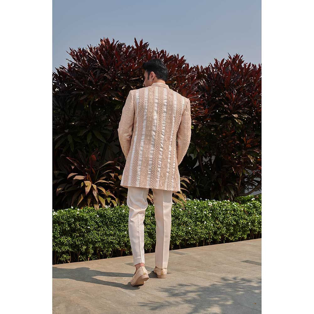 Jigar and Nikita Peach Threaded Triumph Jacket with Shirt and Pant (Set of 3)