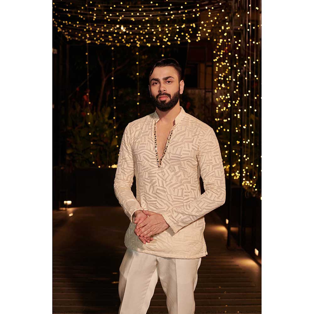 Jigar and Nikita Cream Impression Jacket with Short Kurta and Pant (Set of 3)