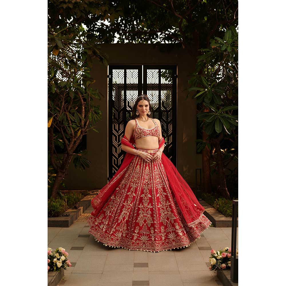 Jigar and Nikita Love Spell Red Lehenga with Blouse and Dupatta (Set of 3)