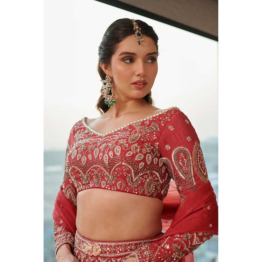 Jigar and Nikita Red Radiance Elegance Lehenga with Blouse and Dupatta (Set of 3)