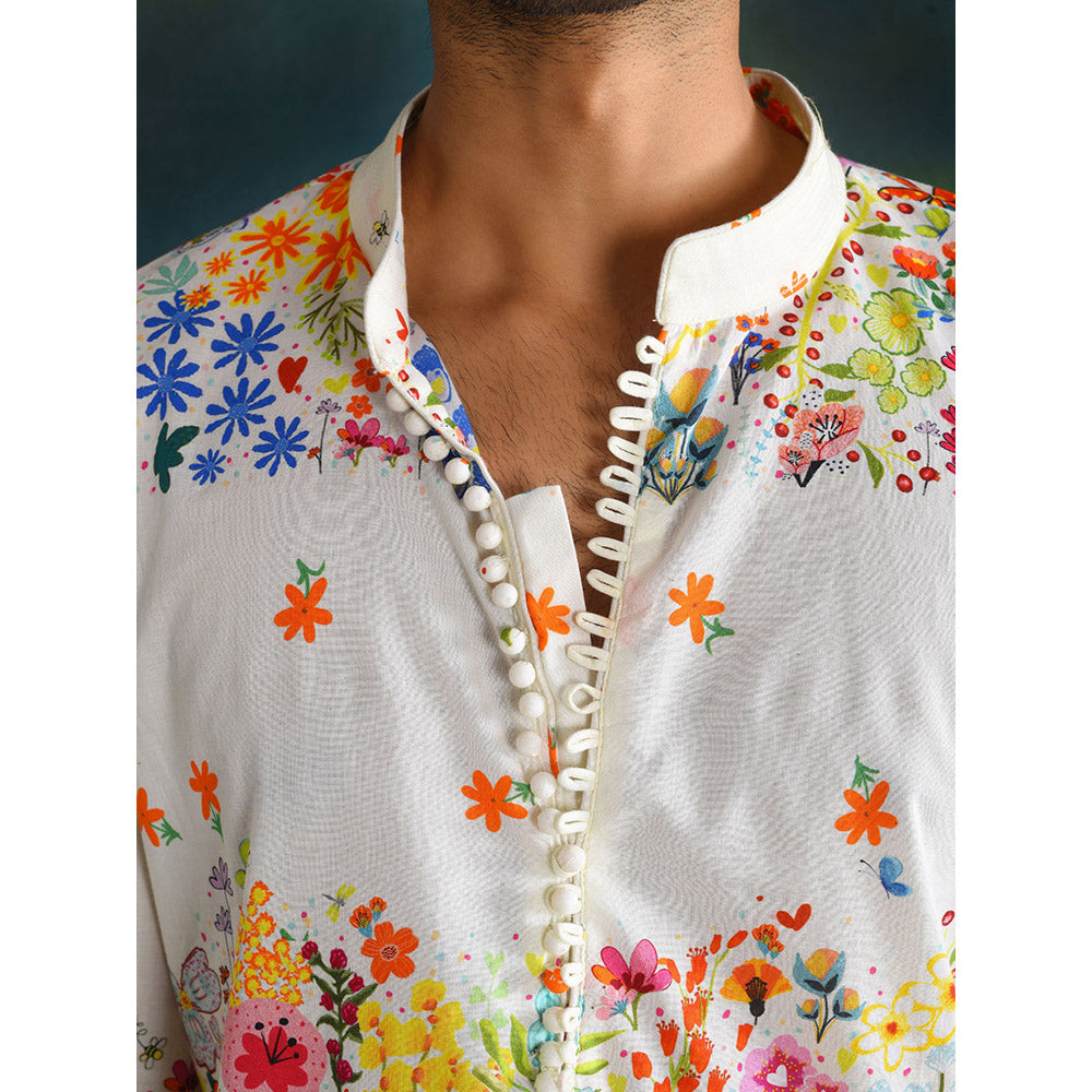 Blushing Couture by Shafali Cream Printed Men Kurta (Set of 2)