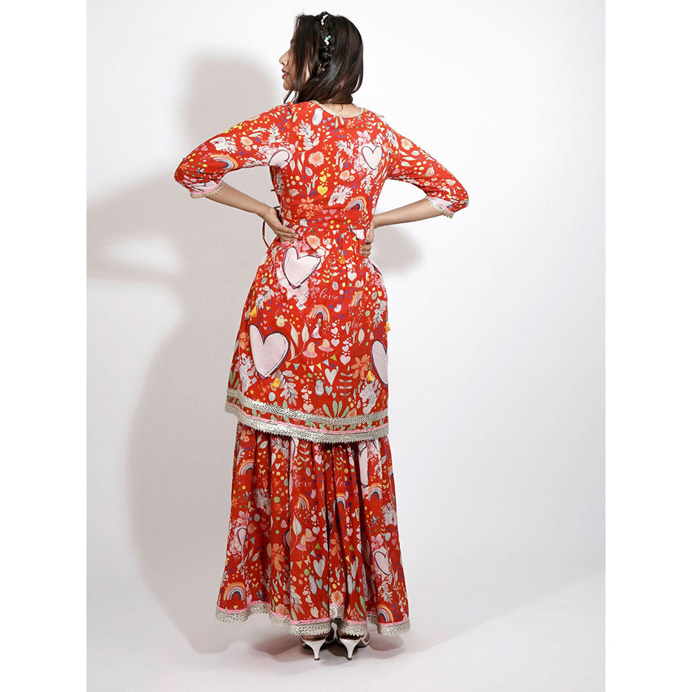 Blushing Couture by Shafali Red Heart Print Embroidered Sharara (Set of 3)