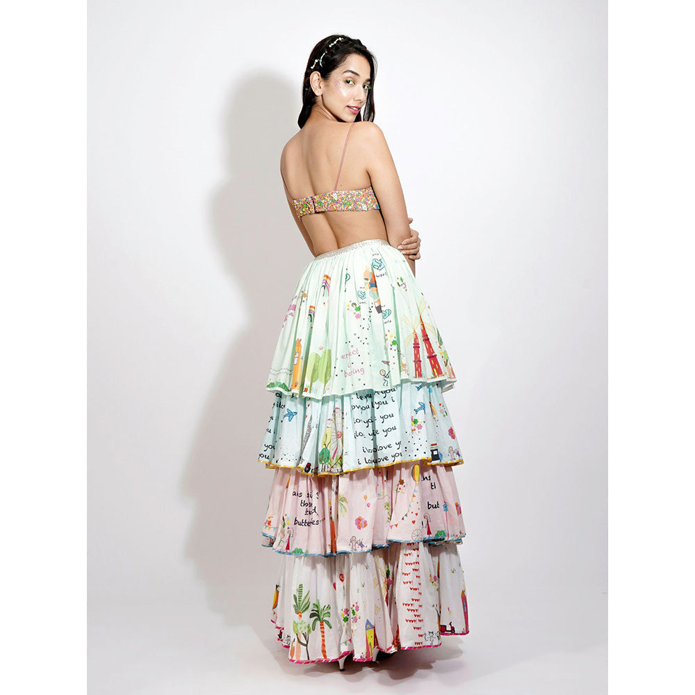 Blushing Couture by Shafali Europe Print Embroidered Lehenga (Set of 3)