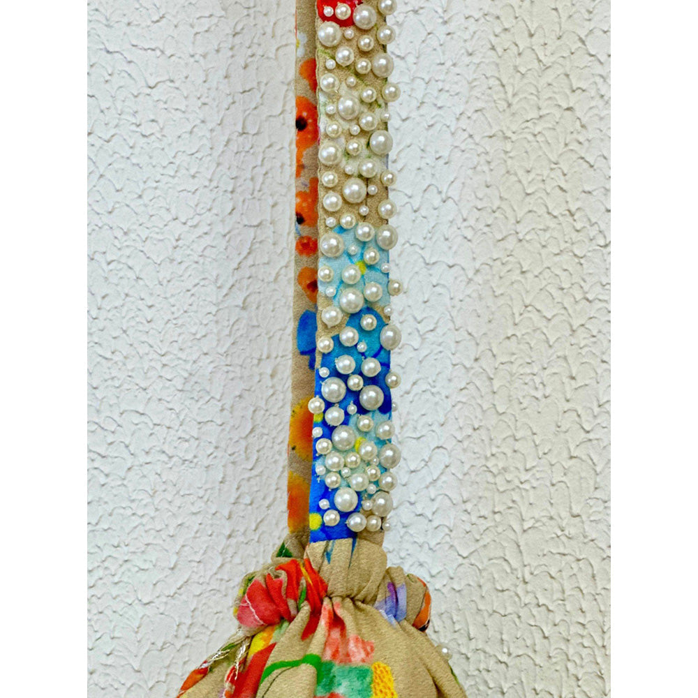 Blushing Couture by Shafali Beige Printed Potli Bag