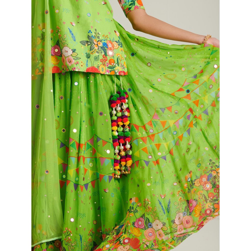 Blushing Couture by Shafali Green Organza Printed Lehenga with Kurti and Dupatta (Set of 3)