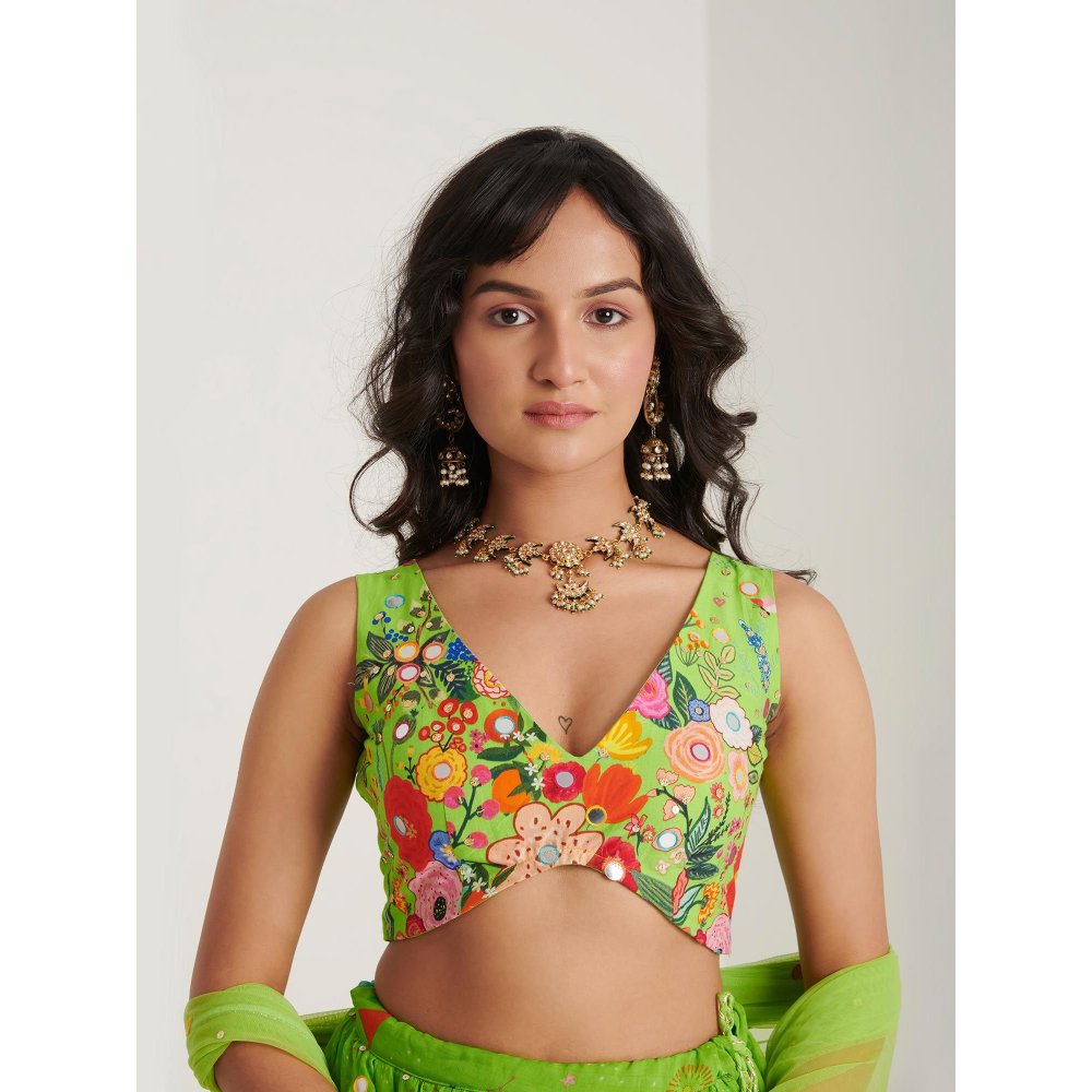 Blushing Couture by Shafali Green Organza Printed Lehenga with Blouse and Dupatta (Set of 3)